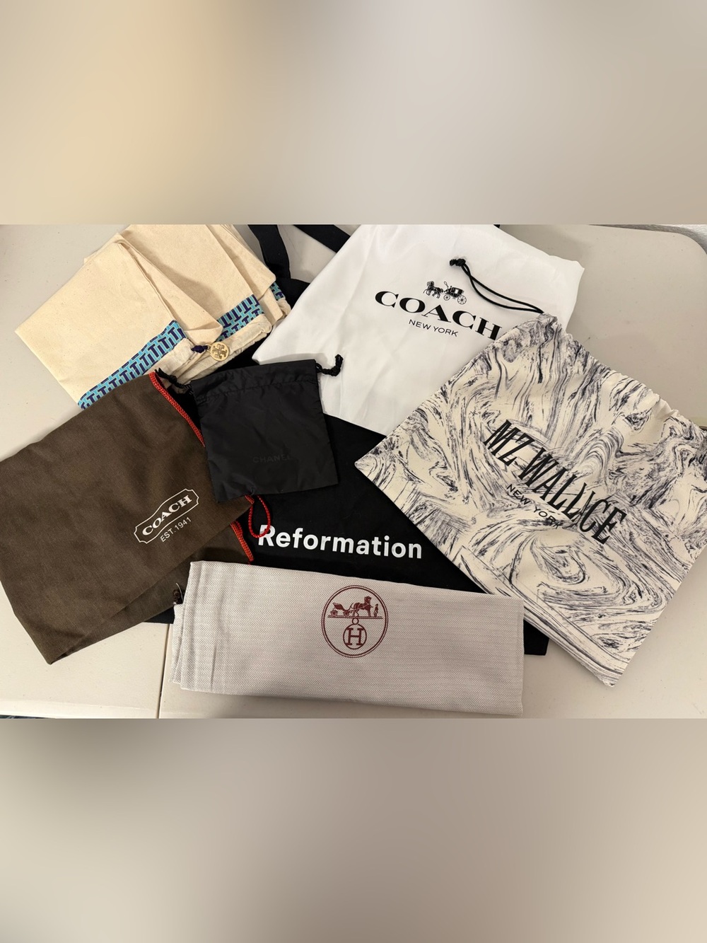 Designer Dust Bag Lot Coach Hermès Chanel Tory Burch MZ Wallace Reformation